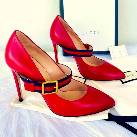 Gucci Shoes - New! GUCCI “Mary Jane” inspired
RED Leather Sylvie Web Strap Heels Size 38.5